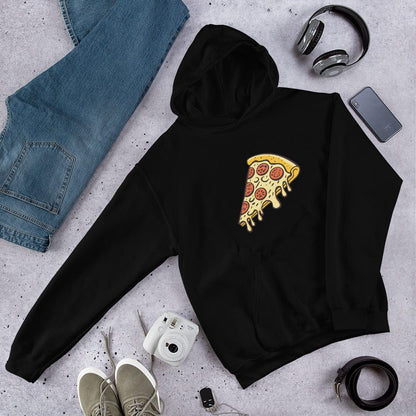 Black unisex hoodie with front pizza slice graphic and pullover hood