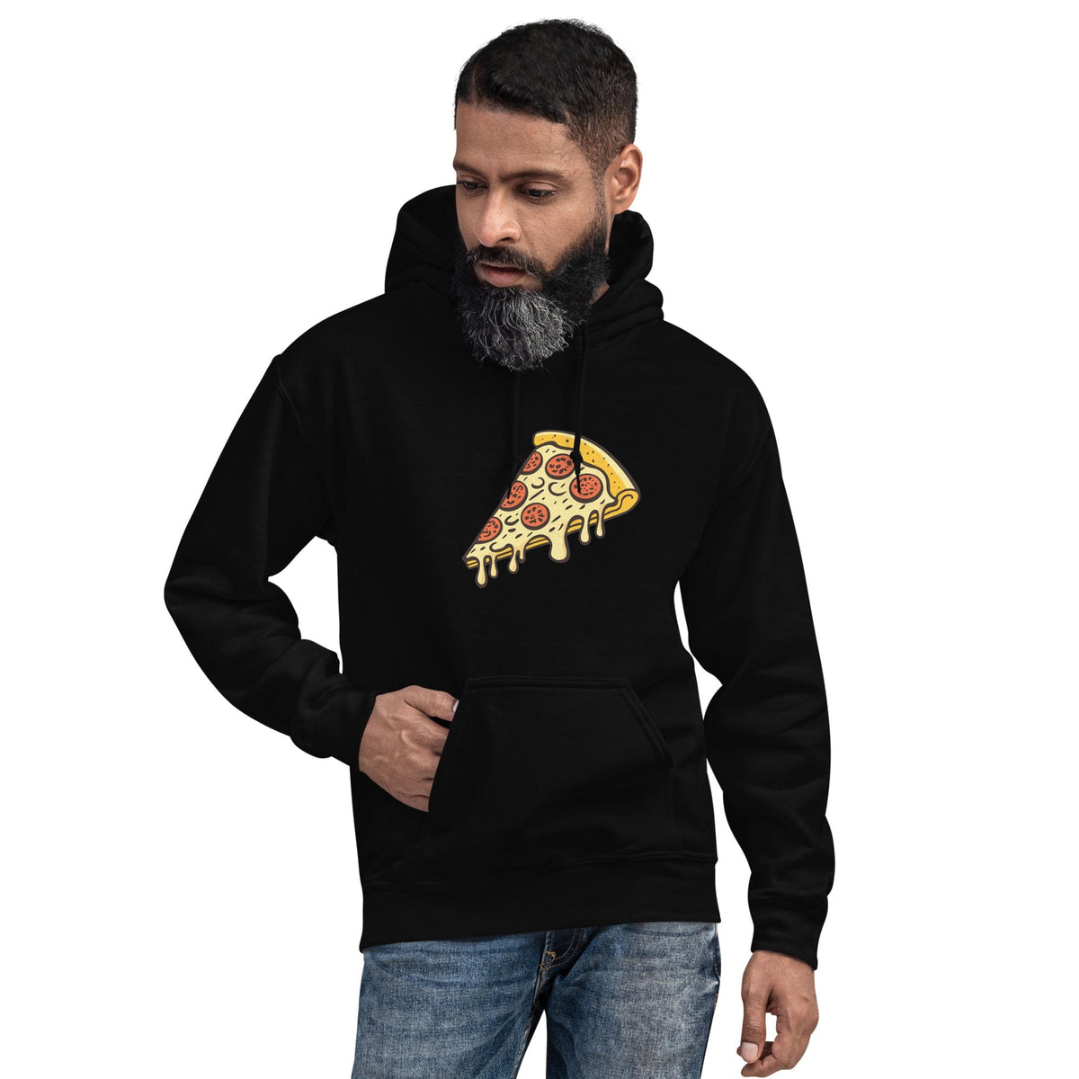 Black unisex hoodie with pepperoni pizza graphic, hood and kangaroo pocket