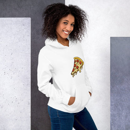 White unisex hoodie with pepperoni pizza graphic and front pouch pocket