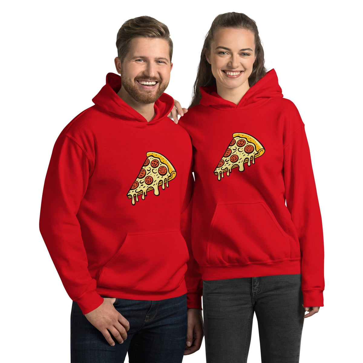 Red unisex hoodie pair with pepperoni pizza graphic and front pouch pockets