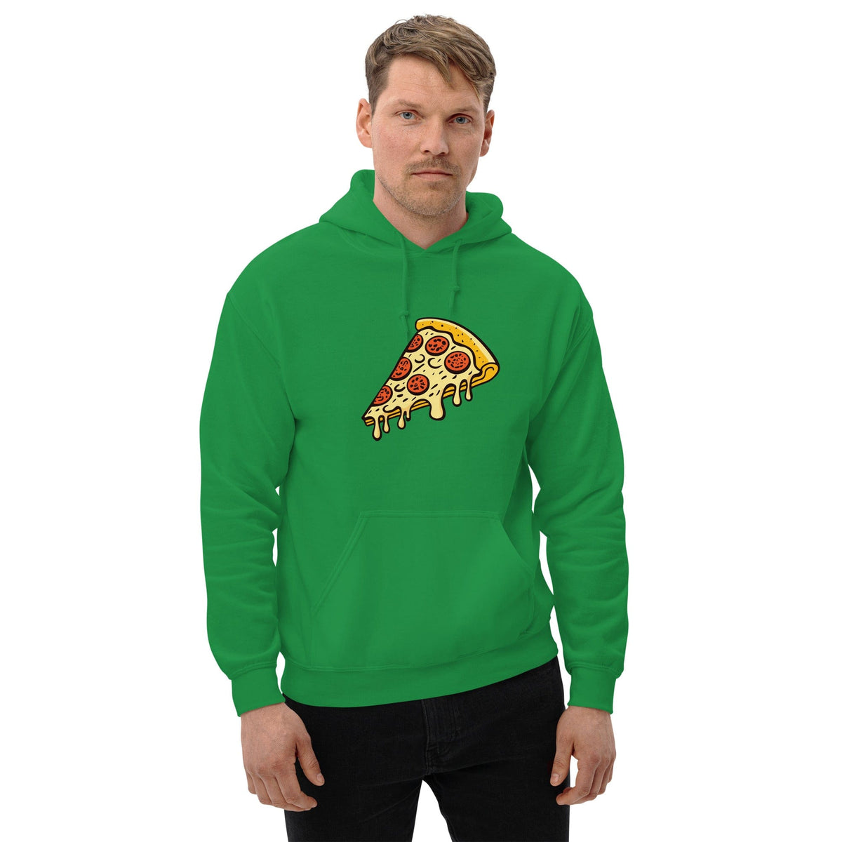 Green unisex hoodie with pepperoni pizza graphic and front pouch pocket