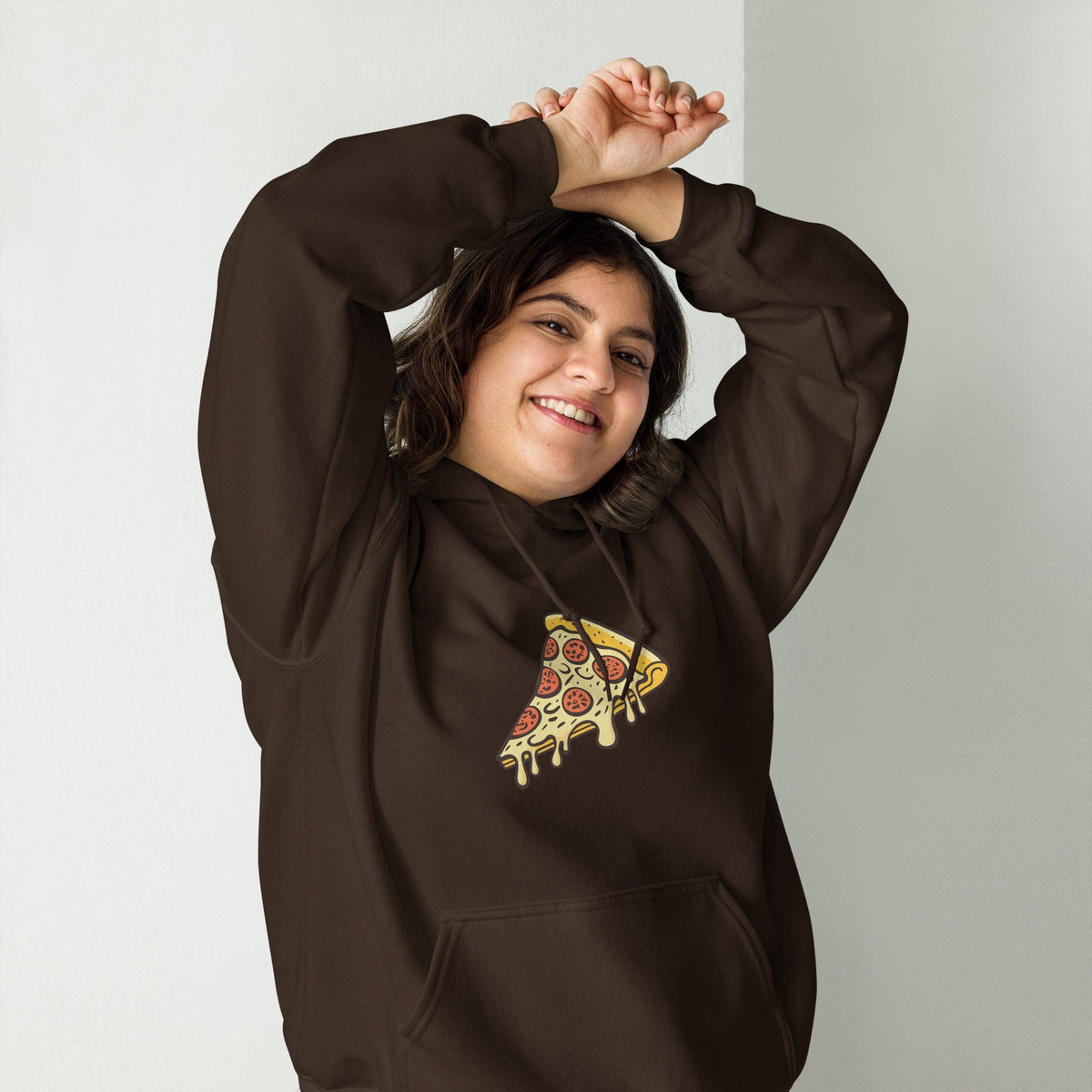 Dark chocolate unisex hoodie with pepperoni pizza graphic and front pouch pocket