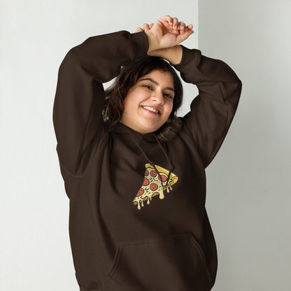 Dark chocolate unisex hoodie with pepperoni pizza graphic and front pouch pocket