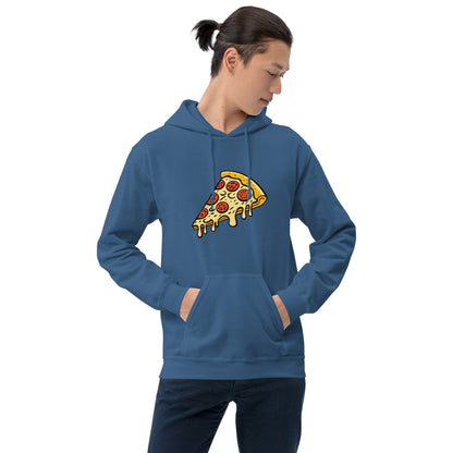 Blue unisex hoodie with pepperoni pizza graphic and front pouch pocket