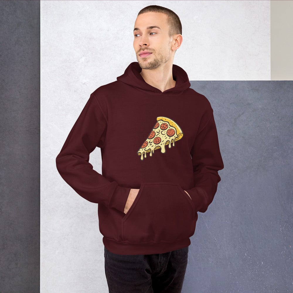 Maroon unisex hoodie with pepperoni pizza graphic and front pouch pocket
