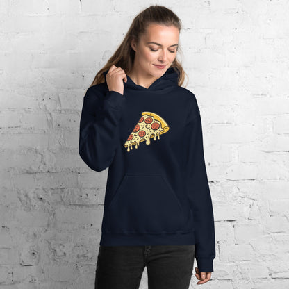 Unisex pepperoni pizza graphic hoodie, navy blue, with hood and kangaroo pocket.