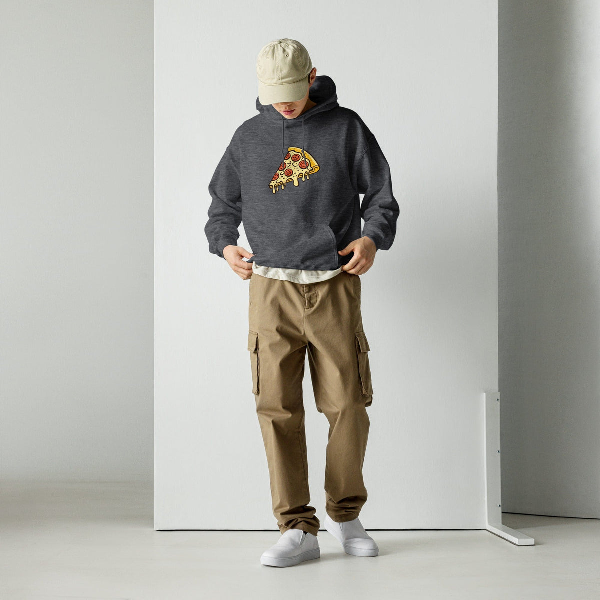 Unisex pepperoni pizza graphic hoodie, dark gray, with hood and front kangaroo pocket.