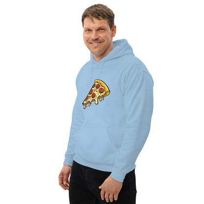 Unisex pepperoni pizza graphic hoodie, light blue, with hood and kangaroo pocket.