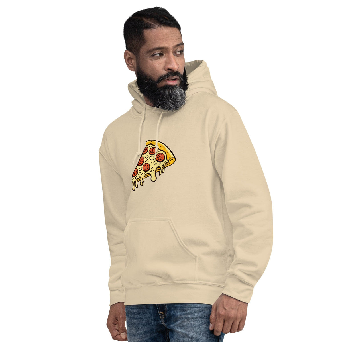 Sand unisex hoodie with pepperoni pizza graphic and front pouch pocket