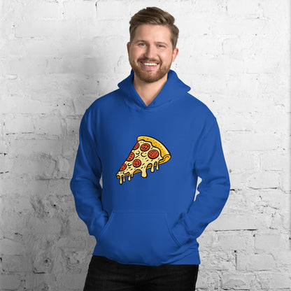 Unisex pepperoni pizza graphic hoodie, royal blue, with hood and front kangaroo pocket.