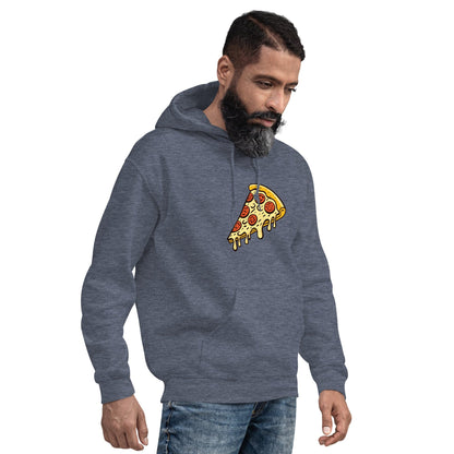 Unisex pepperoni pizza graphic hoodie, heather gray, with hood and front kangaroo pocket.