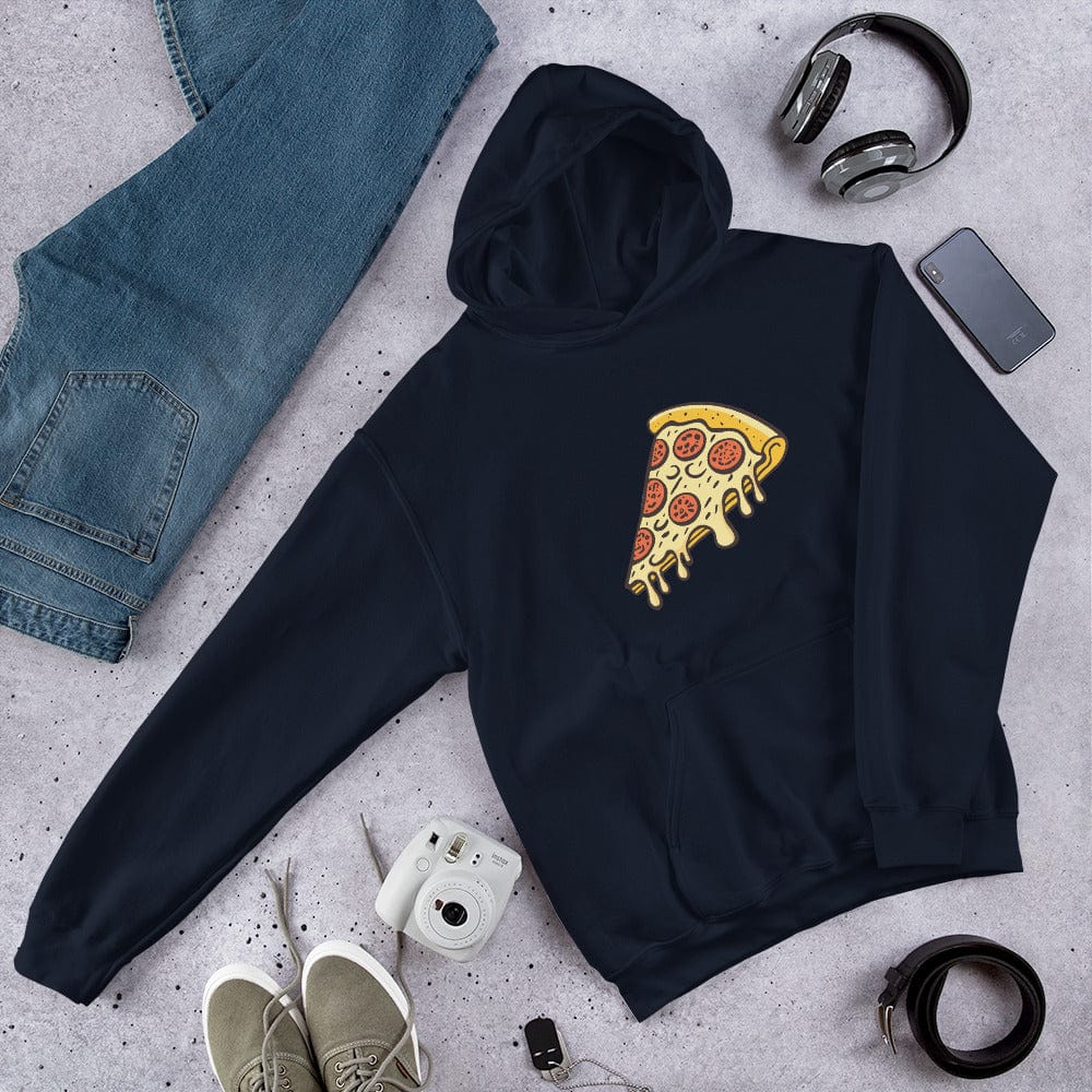 Navy unisex hoodie with front pizza slice graphic and pullover hood