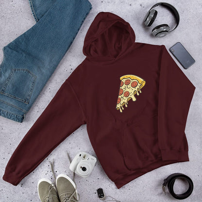 Unisex pepperoni pizza graphic hoodie, maroon, with hood and kangaroo pocket.