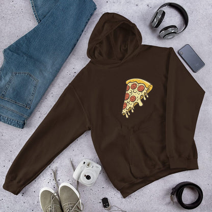 Unisex pepperoni pizza graphic hoodie, dark brown, with hood and kangaroo pocket.