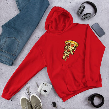 Unisex pepperoni pizza graphic hoodie, red, with hood and front kangaroo pocket.