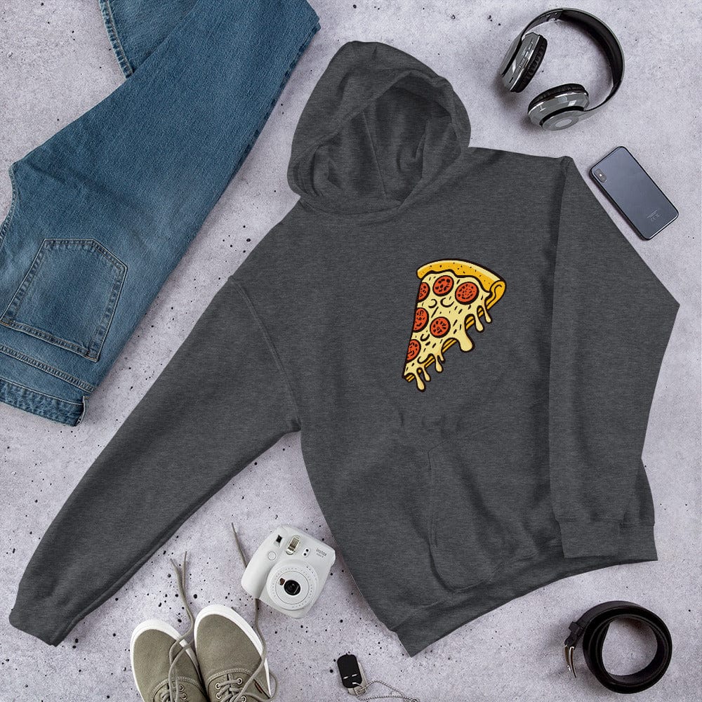 Unisex pepperoni pizza graphic hoodie, charcoal gray, with hood and kangaroo pocket.
