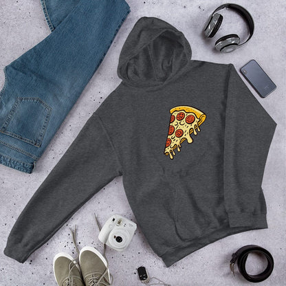 Unisex pepperoni pizza graphic hoodie, charcoal gray, with hood and kangaroo pocket.