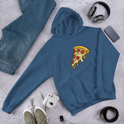 Unisex pepperoni pizza graphic hoodie, medium blue, with hood and kangaroo pocket.