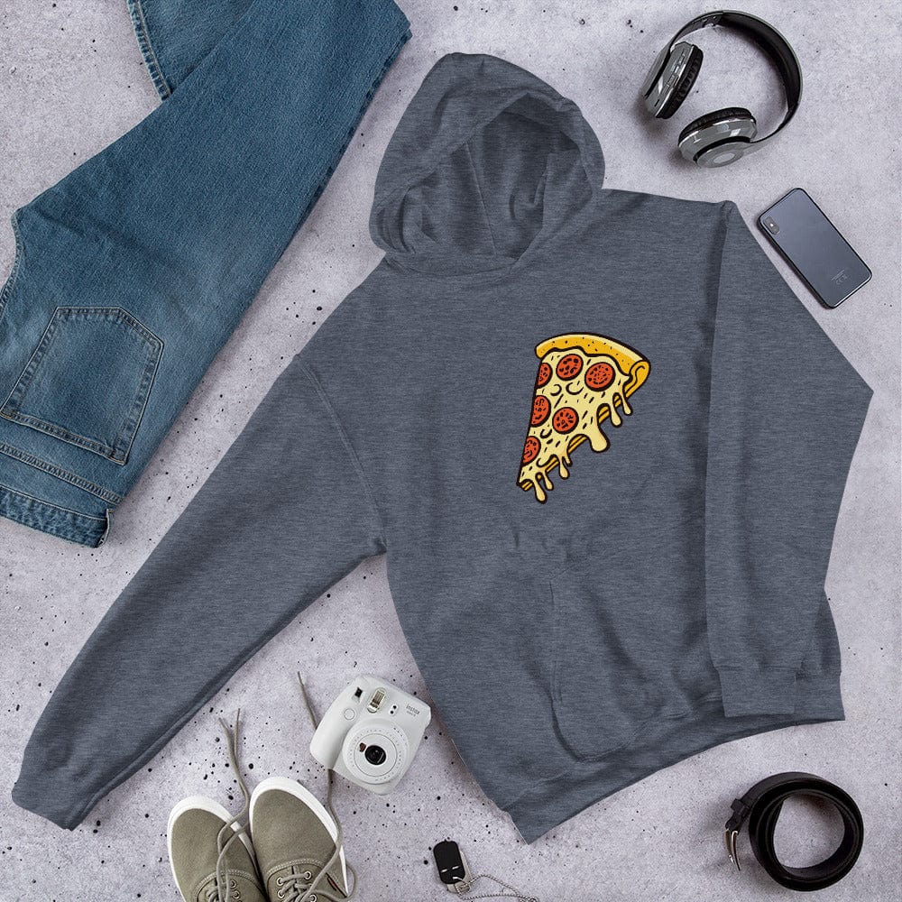 Heather gray unisex hoodie with front pizza slice graphic and pullover hood