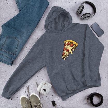 Heather gray unisex hoodie with front pizza slice graphic and pullover hood