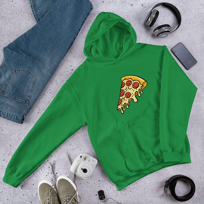 Green unisex hoodie with front pizza slice graphic and pullover hood