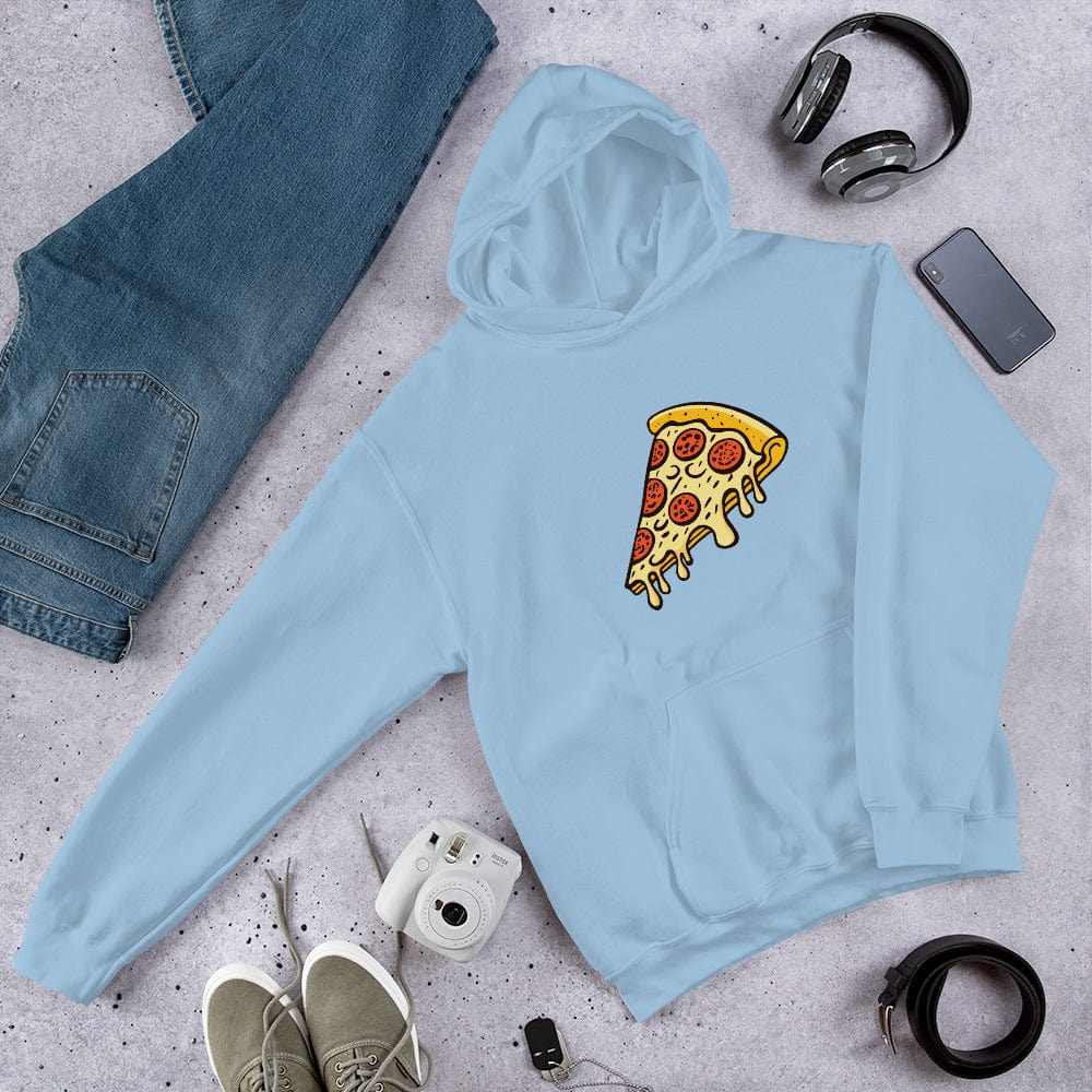 Light blue unisex hoodie with front pizza slice graphic and pullover hood