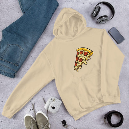 Cream unisex hoodie with front pizza slice graphic and pullover hood