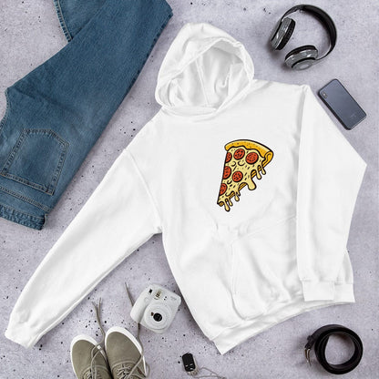 White unisex hoodie with front pizza slice graphic and pullover hood