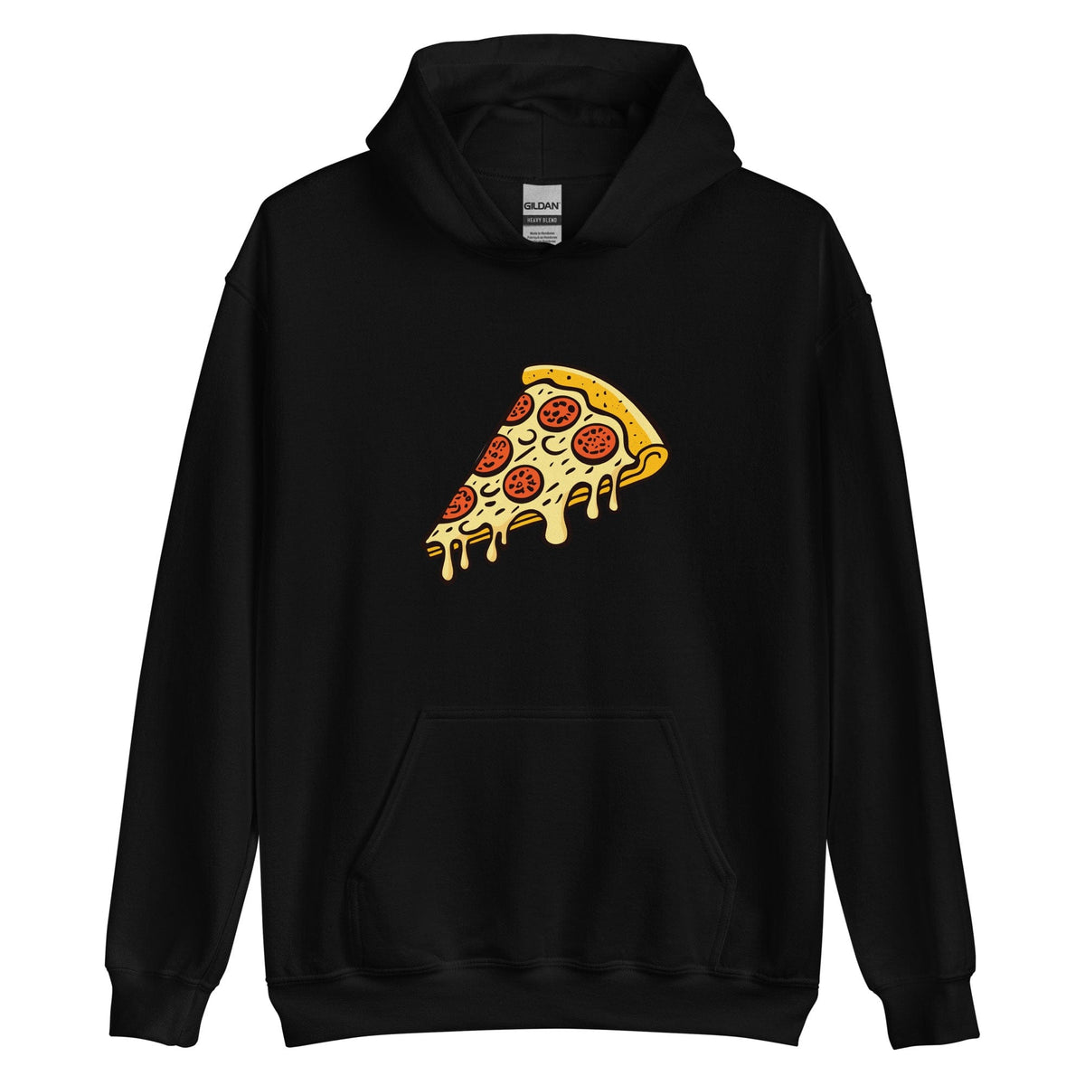 Black unisex hoodie with pepperoni pizza graphic and front pouch pocket