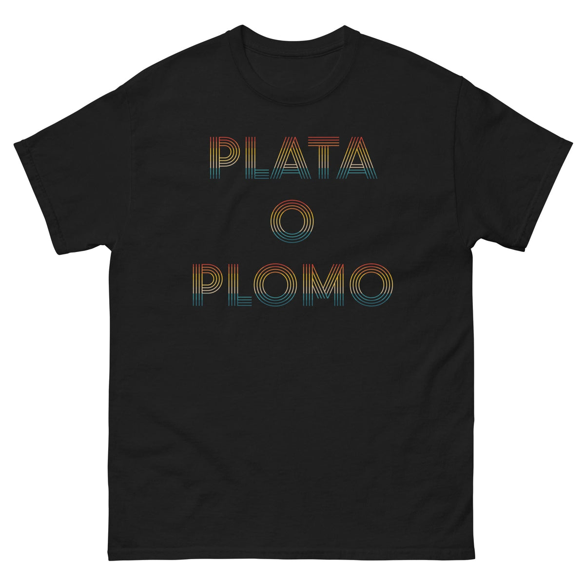Black T-shirt with colorful 'PLATA' and 'PLOMO' graphic print