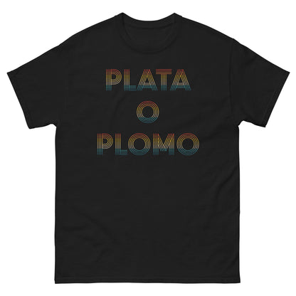 Black T-shirt with colorful 'PLATA' and 'PLOMO' graphic print