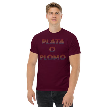 Maroon T-shirt with colorful 'PLATA' and 'PLOMO' graphic print