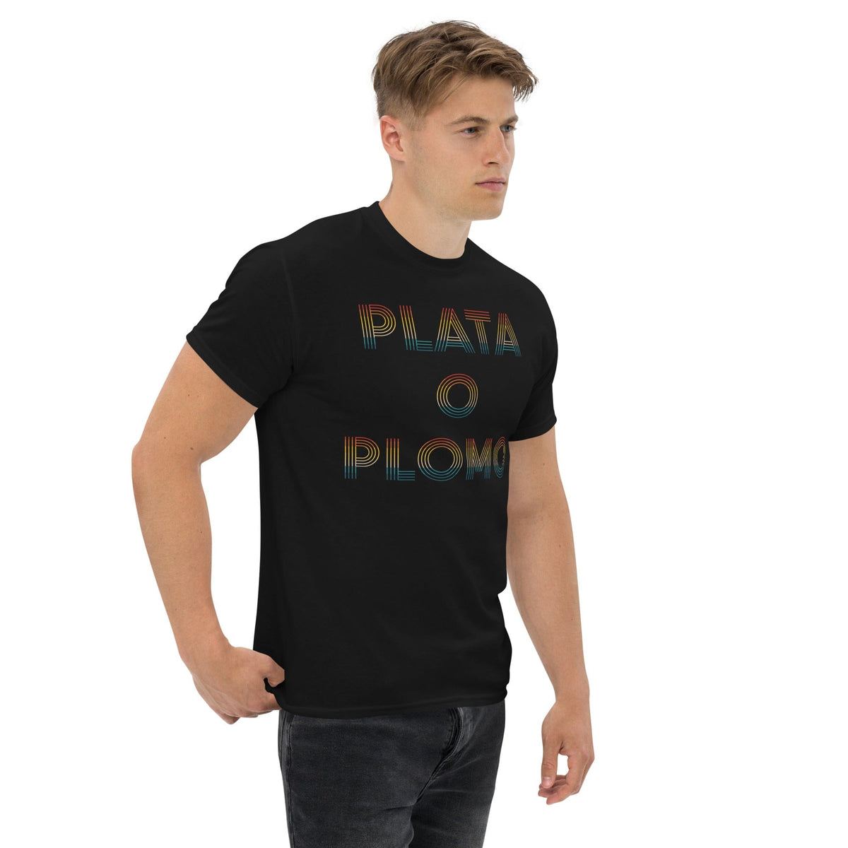 Black T-shirt with front 'PLATA' and 'PLOMO' logo graphic