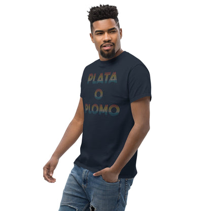 Navy T-shirt with colorful 'PLATA' and 'PLOMO' graphic logo