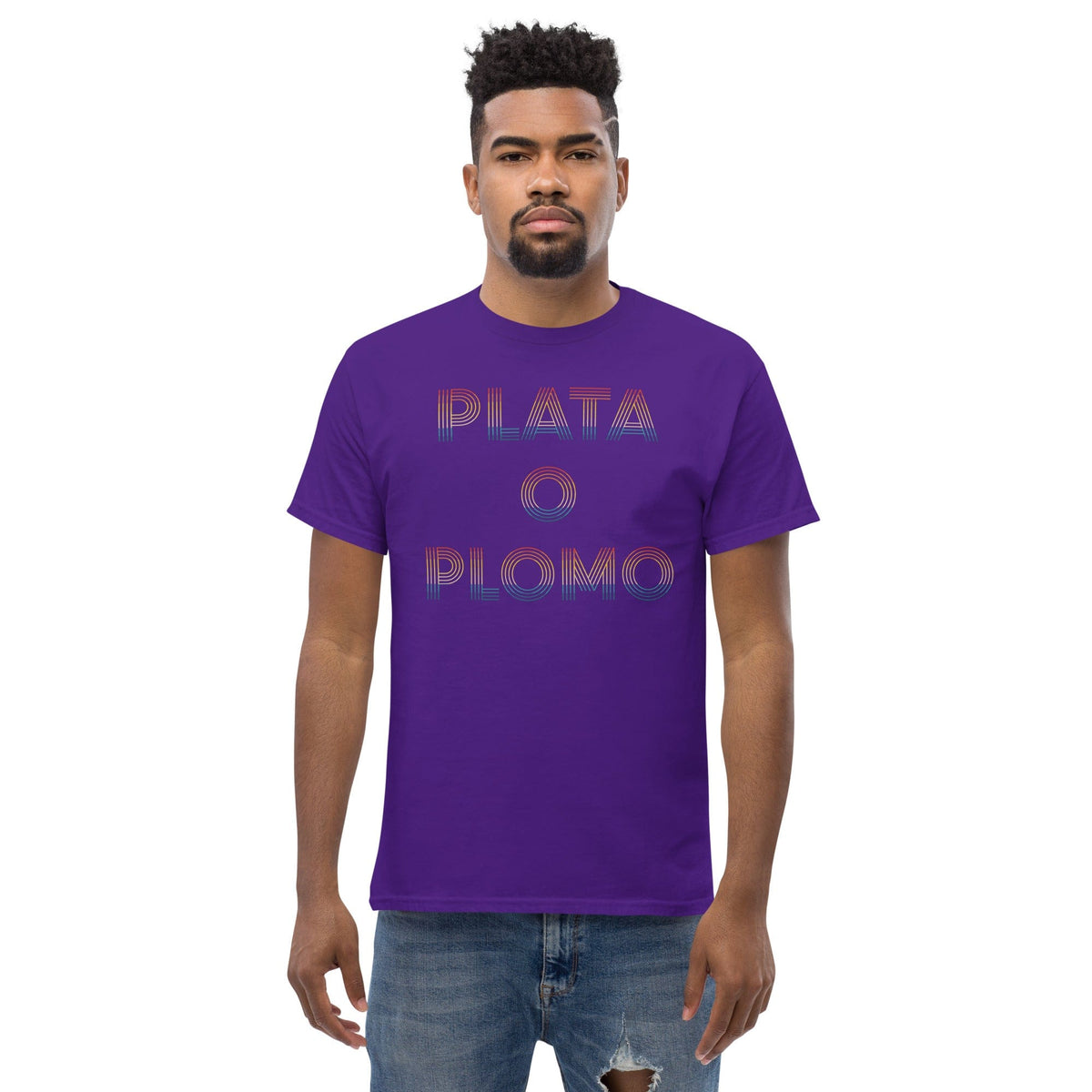Purple T-shirt with colorful 'PLATA' and 'PLOMO' graphic print