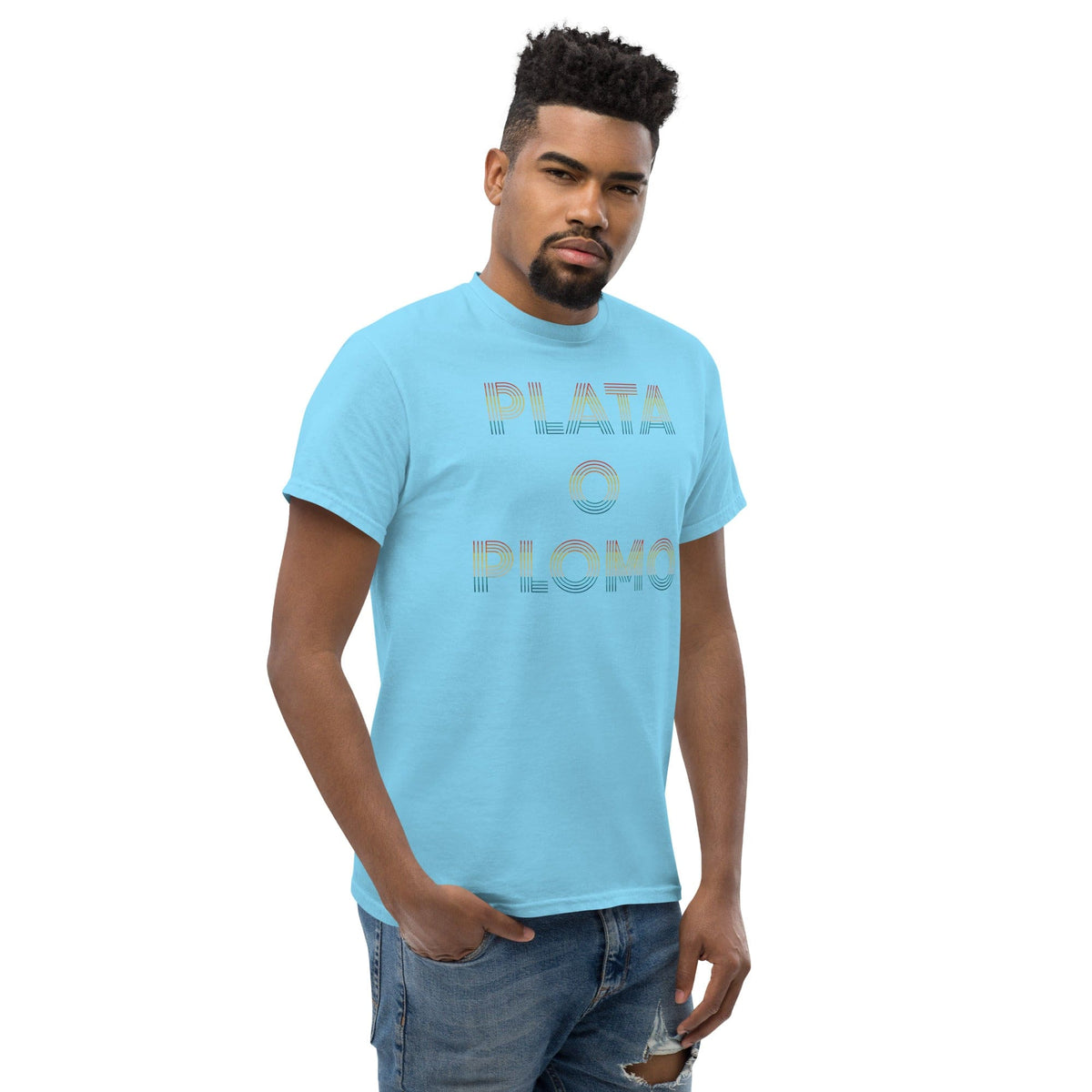 Sky blue T-shirt with colorful 'PLATA' and 'PLOMO' graphic print
