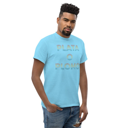 Sky blue T-shirt with colorful 'PLATA' and 'PLOMO' graphic print
