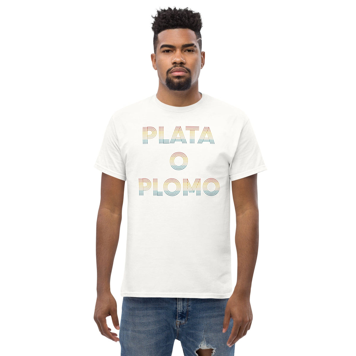White T-shirt with colorful 'PLATA' and 'PLOMO' graphic print