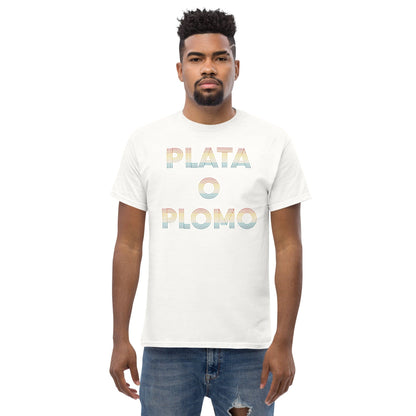 White T-shirt with colorful 'PLATA' and 'PLOMO' graphic print