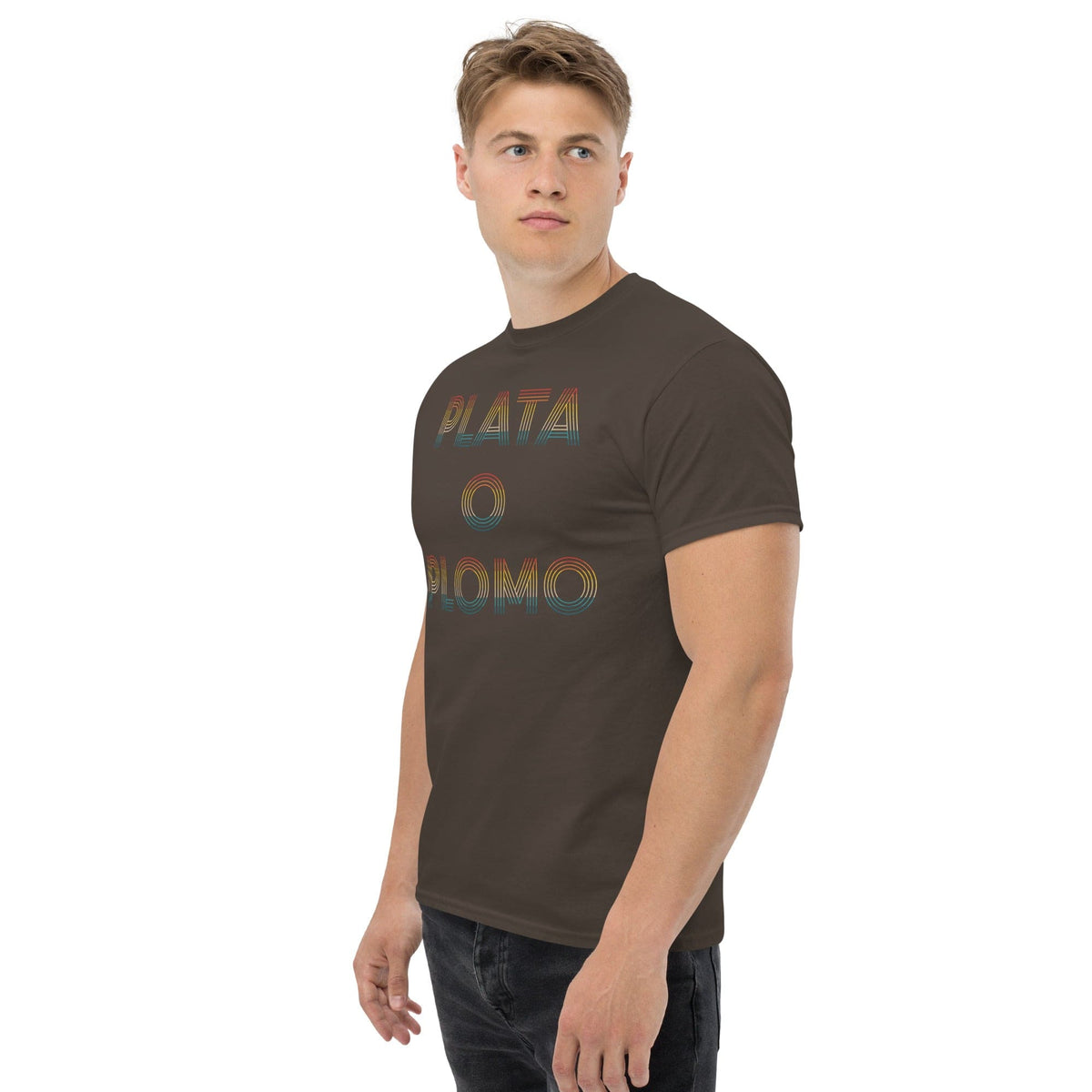 Dark brown T-shirt with colorful 'PLATA' and 'PLOMO' graphic print