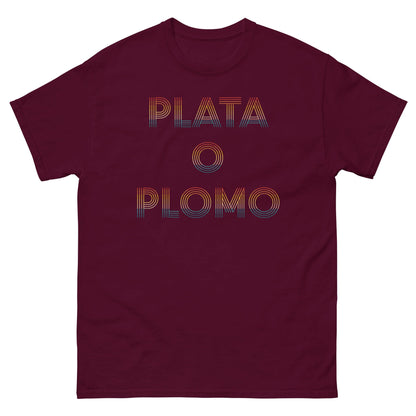 Maroon T-shirt with colorful 'PLATA' and 'PLOMO' graphic print