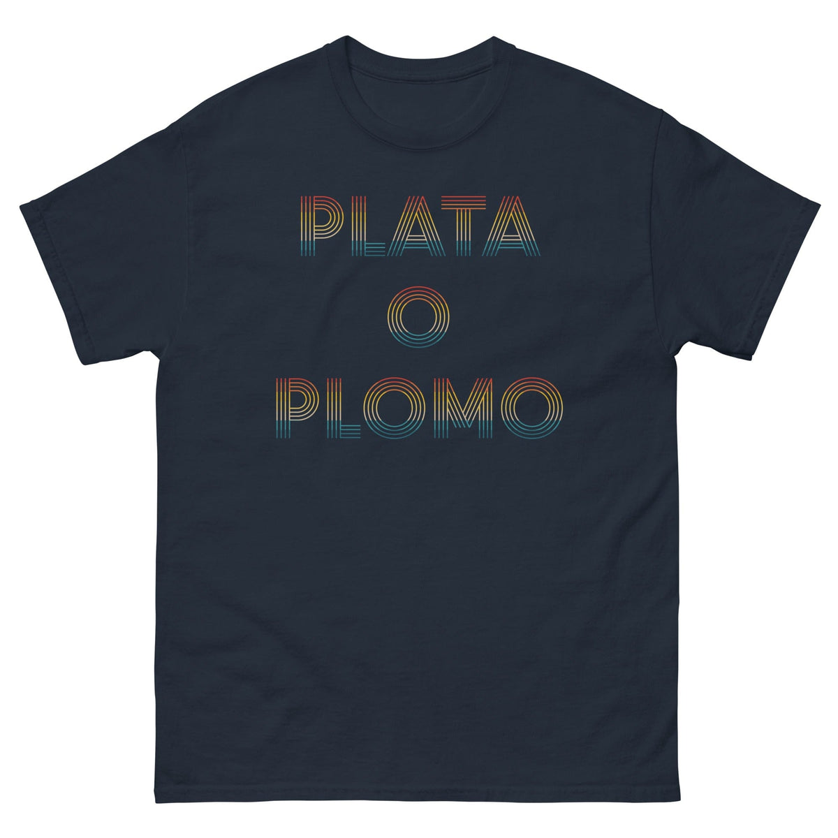 Navy T-shirt with colorful 'PLATA' and 'PLOMO' graphic print