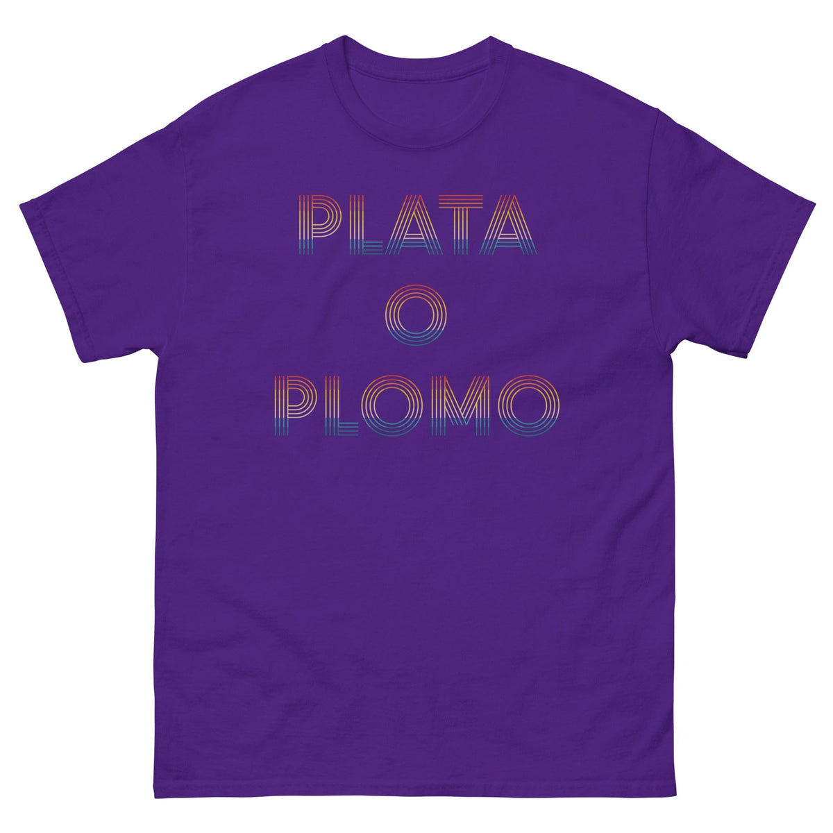 Purple T-shirt with multicolor "PLATA O PLOMO" front print