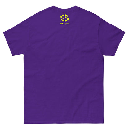 Purple T-shirt with small "SCAR" logo on upper back