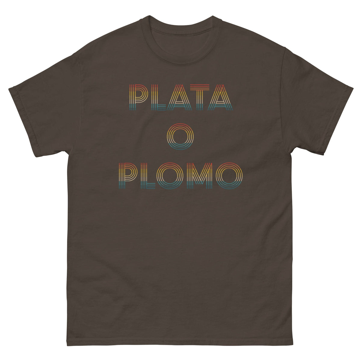 Dark brown T-shirt with multicolor "PLATA O PLOMO" front print