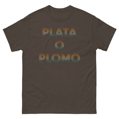Dark brown T-shirt with multicolor "PLATA O PLOMO" front print