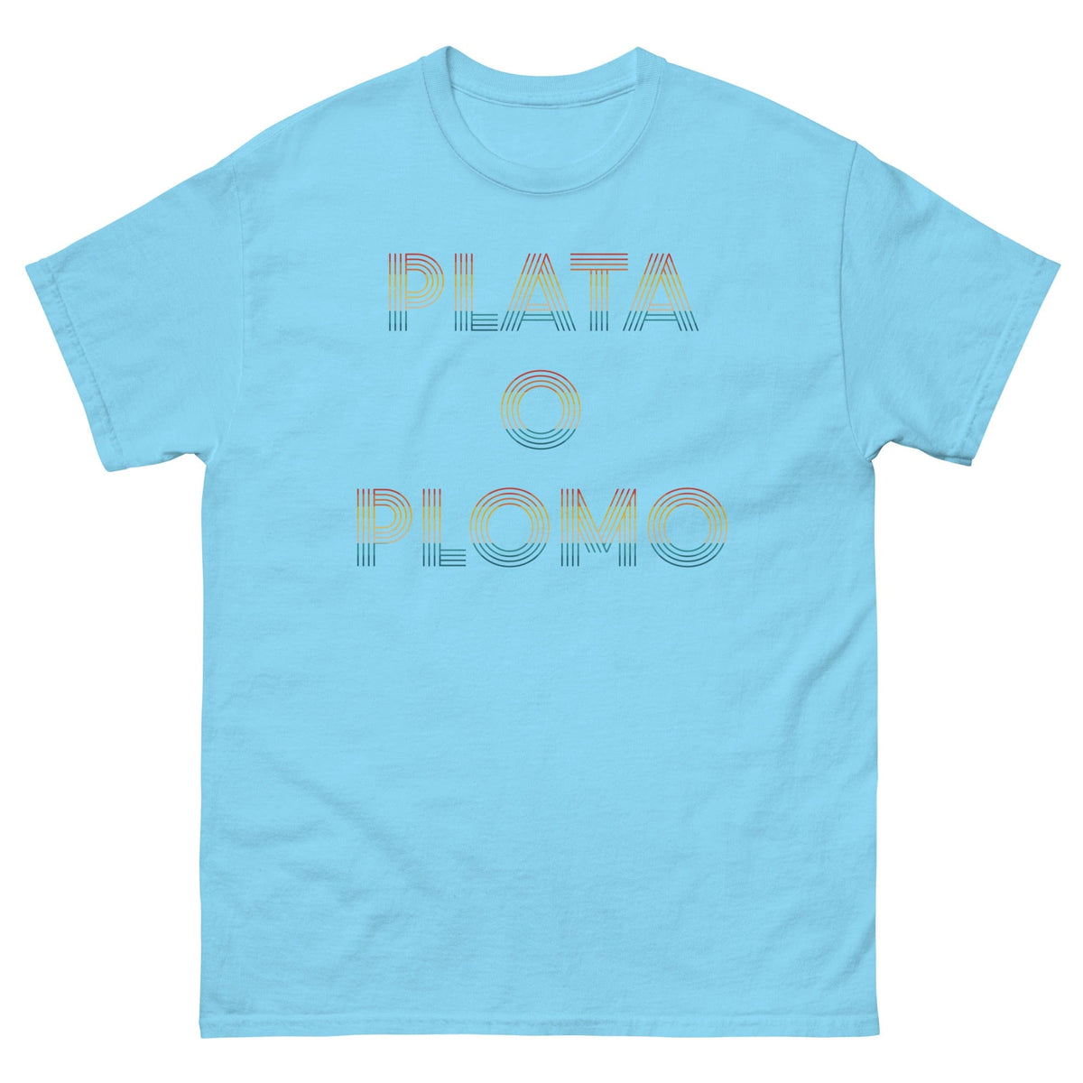 Light blue T-shirt with multicolor "PLATA O PLOMO" front print