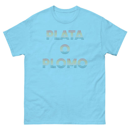 Light blue T-shirt with multicolor "PLATA O PLOMO" front print