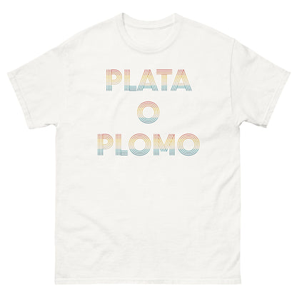 White T-shirt with multicolor "PLATA O PLOMO" front print