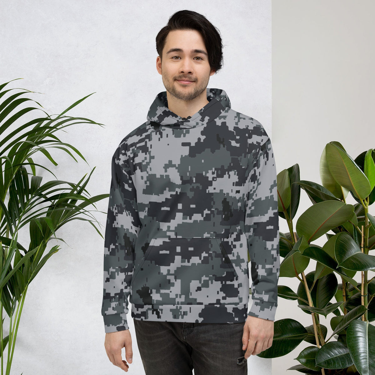 Gray-and-black army camo pullover hoodie with drawstring hood and kangaroo pocket